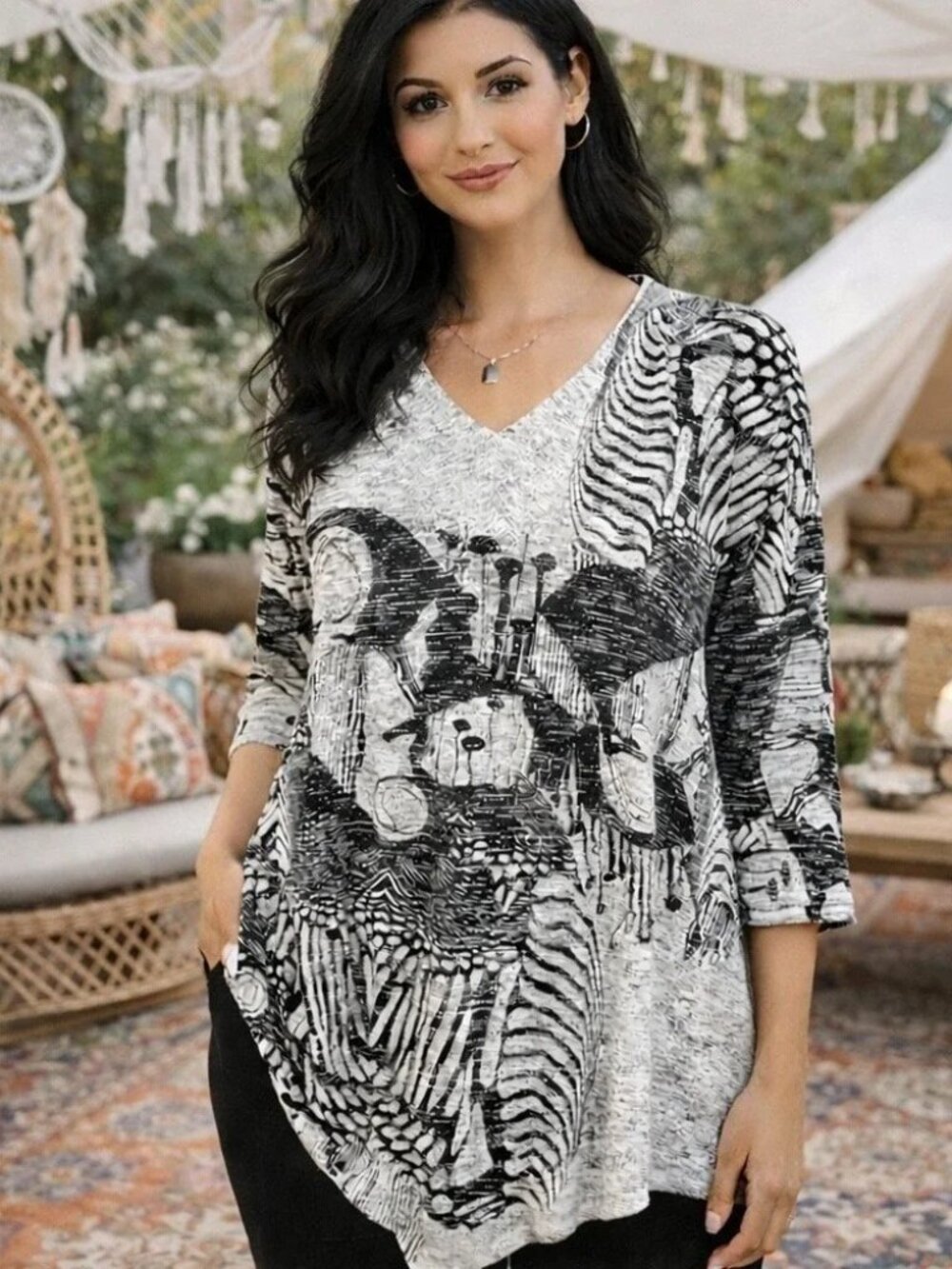 EUC Inoah V-Neck Asymmetrical Artsy Lagenlook Tunic Top Size Small